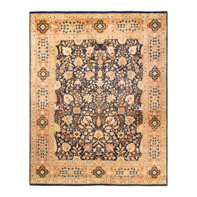 Tapis unique en son genre doré / bleu marine noué à la main 7 pi 10 po x 10 pi 1 po Likhita Mogul