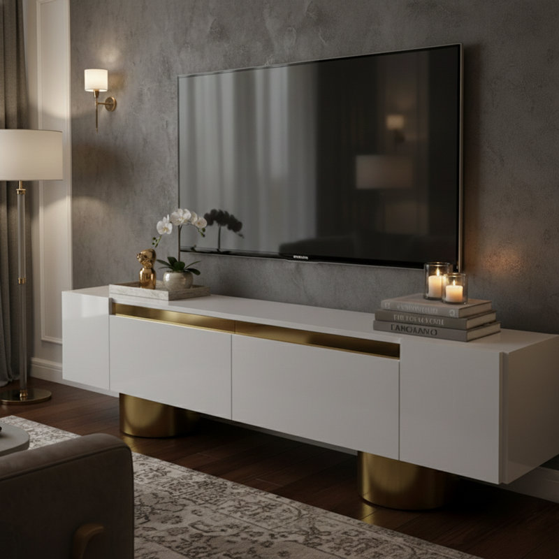 Metal Sheet Legs Unique TV Stand For Tvs Up To 78'' With Reflective Stripe, White/Gold