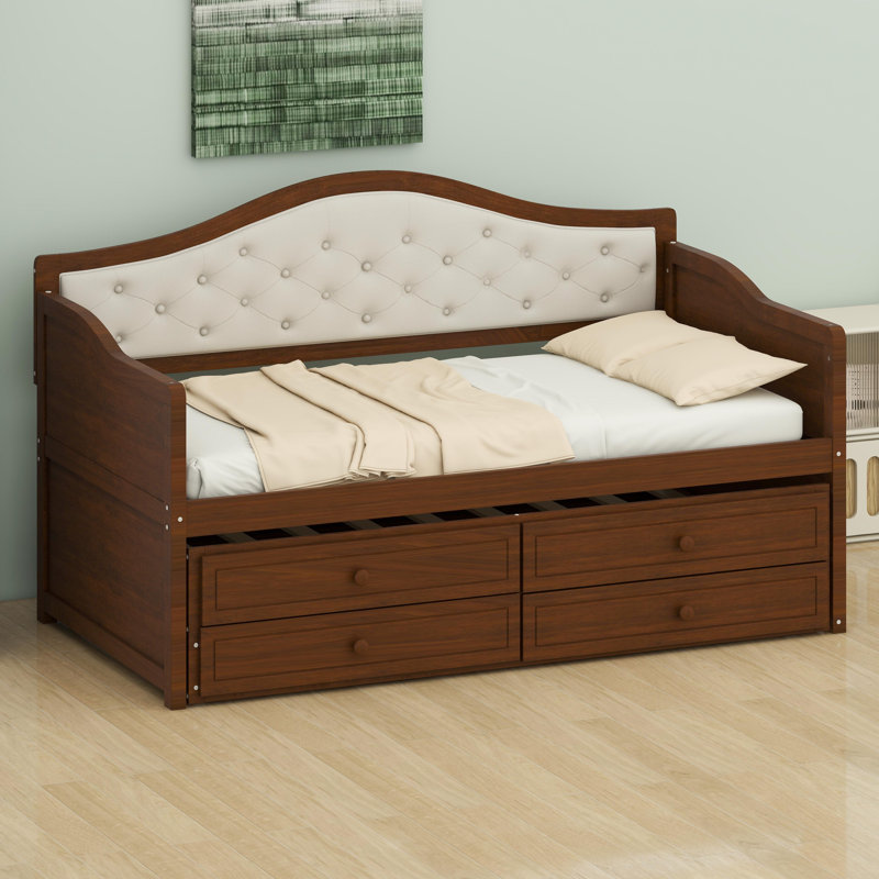 Versatile Sofa Bed Featuring Tufted Backrest, Trundle, and Built-In Storage, Walnut
