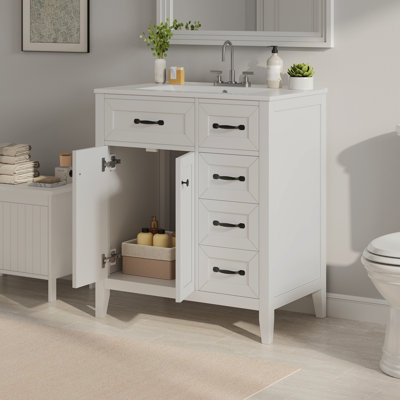 [Video] 30" White Bathroom Vanity With Ceramic Sink, Freestanding Vanity With Black Metal Handles, Solid Wood Legs, Soft-Close Doors & Drawers, Ample Storage (Other Size: N725P246491K)