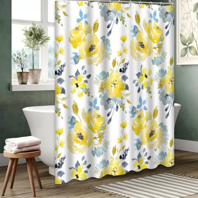 Watercolor Blue Yellow Abstract Flowers Shower Curtain with 12 Hooks