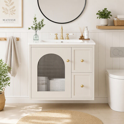 Meuble-lavabo de 61 cm avec lavabo en céramique, armoire murale à 1 porte et 2 tiroirs, structure en bois massif et MDF, style moderne et luxueux, noir