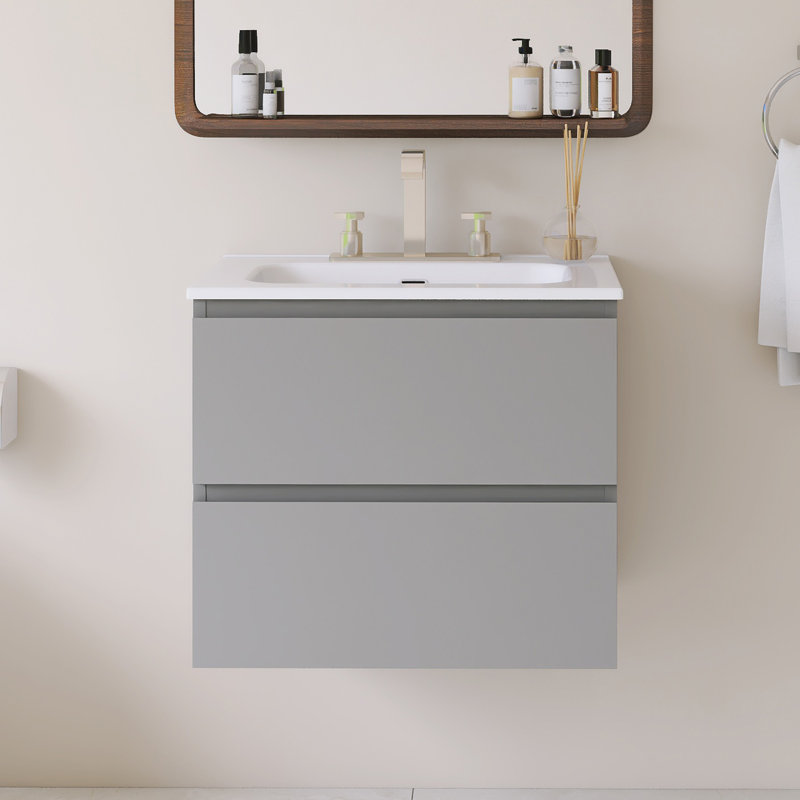 Meuble-lavabo mural simple avec comptoir intégré en céramique blanche, Gris, 24"
