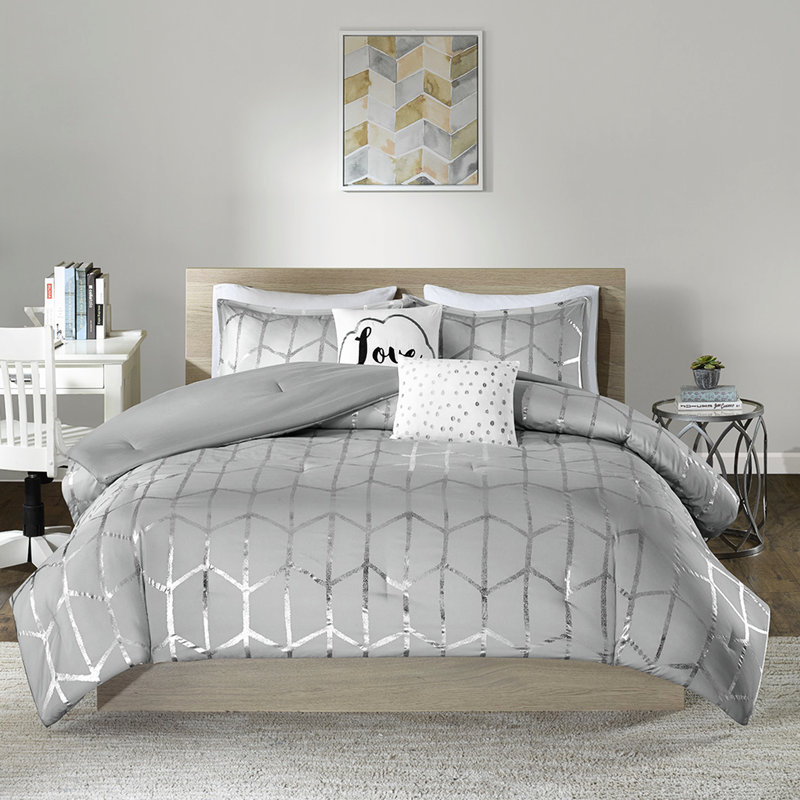 Édredon moderne double / grand gris avec imprimé métallique argenté et montagne, Queen Comforter + 4 Additional Pieces