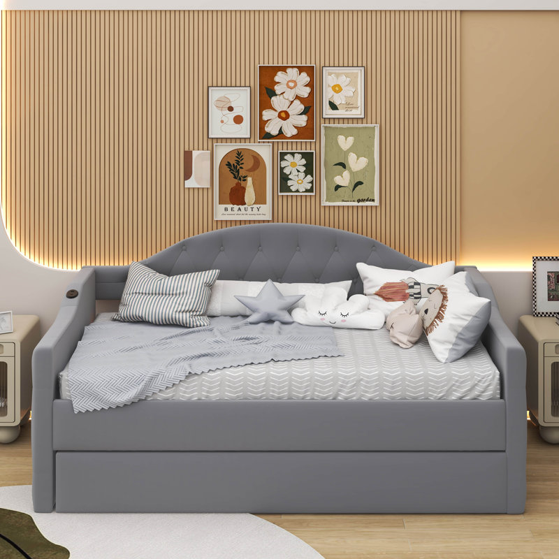 Lit de jour simple en velours capitonné avec couchette, Gris