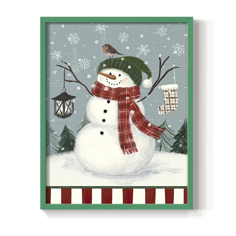 Jolly Snowman Collection B Framed Print - Solid Wood, 30" H x 24" W, Green Framed