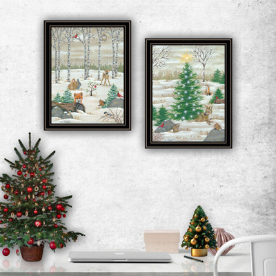 Trendy Decor 4U 2- Piece Vignette Woodland "Critters For Christmas" Black Framed Wall Art For Living Room, Bedroom Wall Art Print For Home Decor By Li