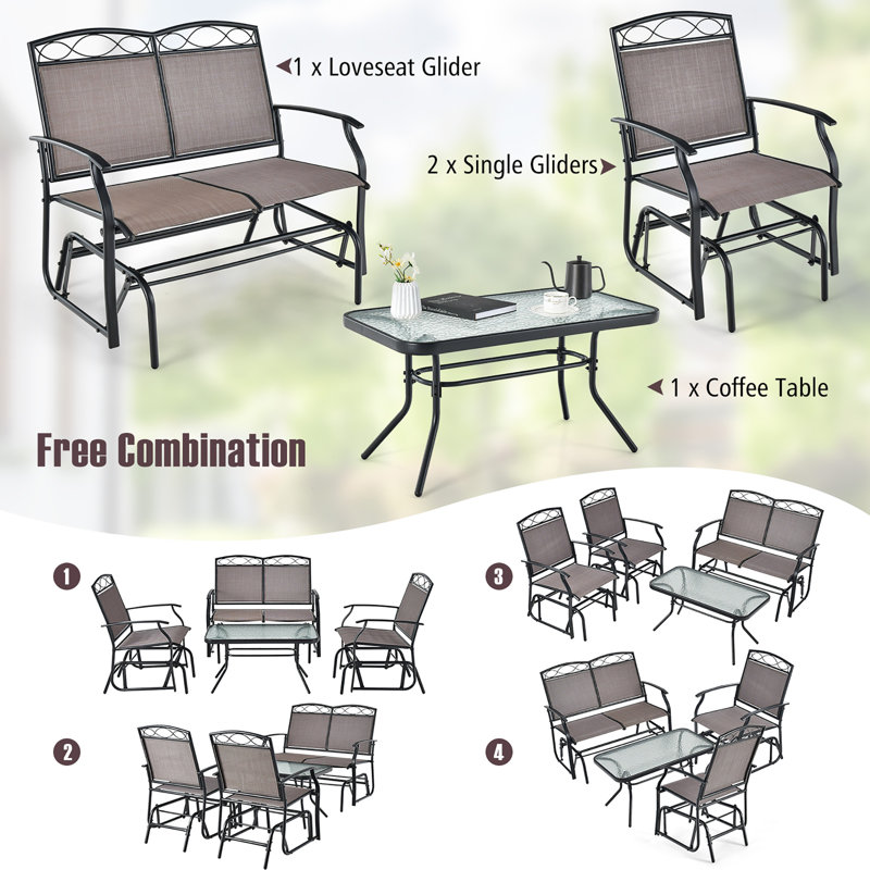 Winston Porter 2 Pcs Patio Glider Conversation Set Outdoor Loveseat Glider Chair W/ Tempered Glass Coffee Table