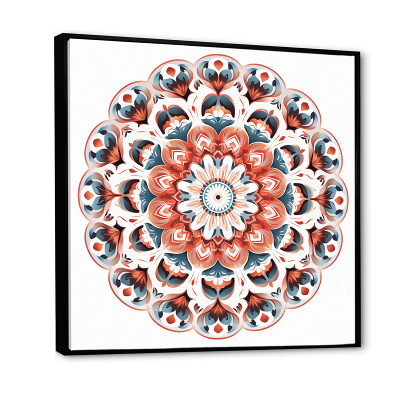 Mandala élémentaire sérénité en bleu et rouge, H 30 po x l 30 po x P 1 po, Cadre flottant noir