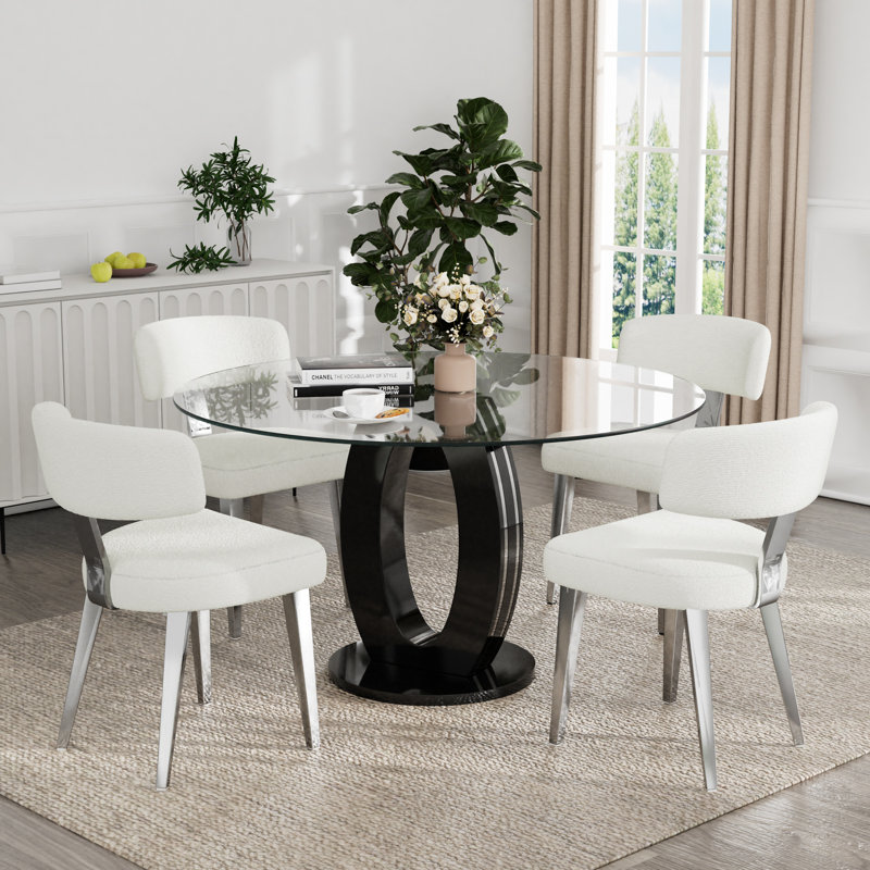 Ensemble de salle à manger à piédestal, table de salle à manger ronde 47 po et chaises Teddy, 5, Noir / blanc