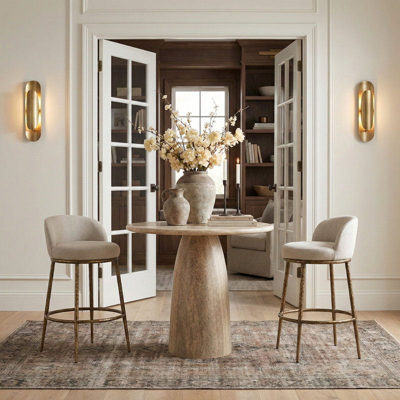 Tabouret de bar en tissu performance beige Ferro Sanches, Laiton, Tissu performance beige