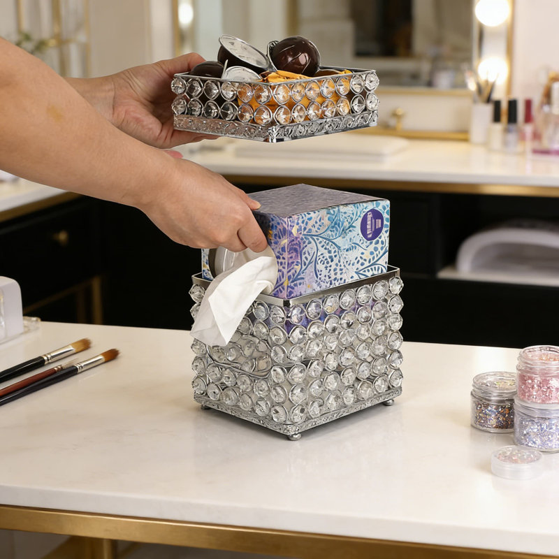 Couvercle de boîte à mouchoirs en cristal avec plateau de rangement, porte-mouchoirs élégant et étincelant pour salle de bain, chambre à coucher, salon, bureau et bureau