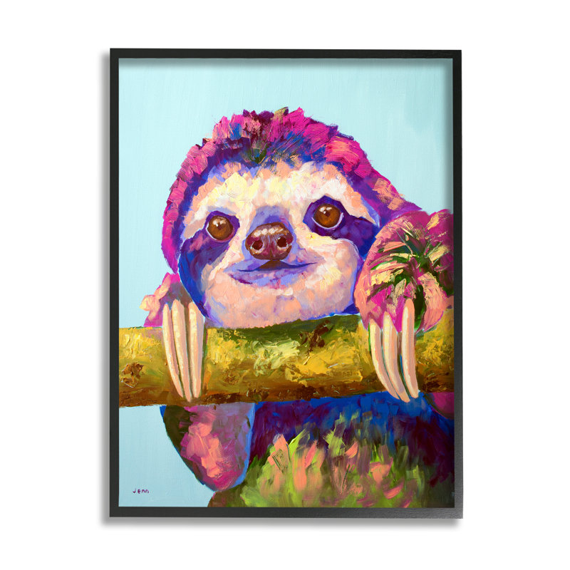 «Happy Sloth Bold» par Jen Seeley - peinture sur bois à cadre flottant, Giclée encadrée noir minuit
