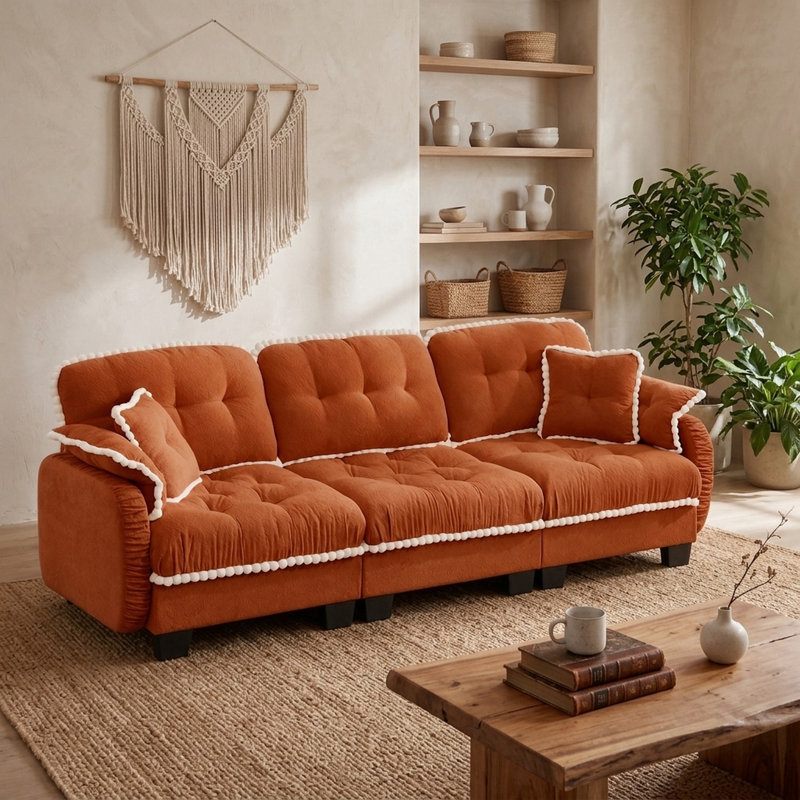 Canapé de 101 po à 3 places avec 4 coussins et garniture de pompon avec assise profonde, Chenille orange