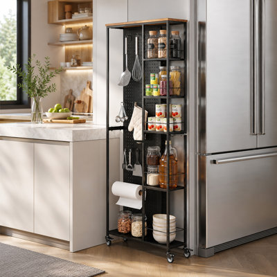 5-Tier Narrow Rolling Storage Cart with Pegboard & Hooks, Slim Utility Cart for Kitchen and Laundry Room
