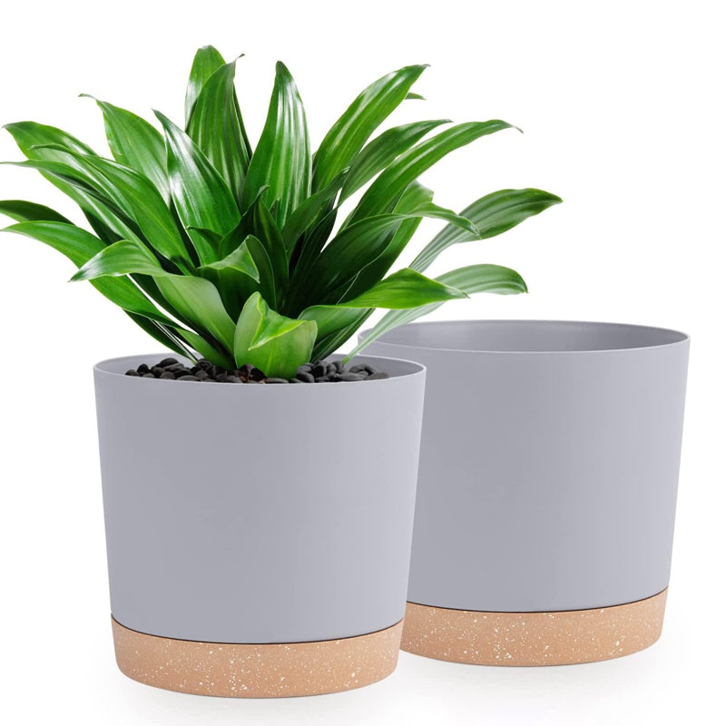 Ensemble de 2 jardinières avec trous de drainage et sauce, Gris clair, H 9,30 po x l 10 po x P 10 po