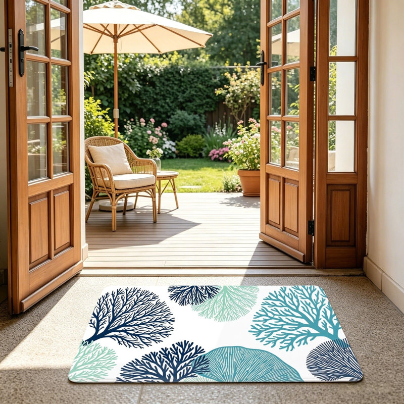 White Background Teal Blue Coral Silhouette Doormat 24 x 36 inch for Outdoor and Indoor