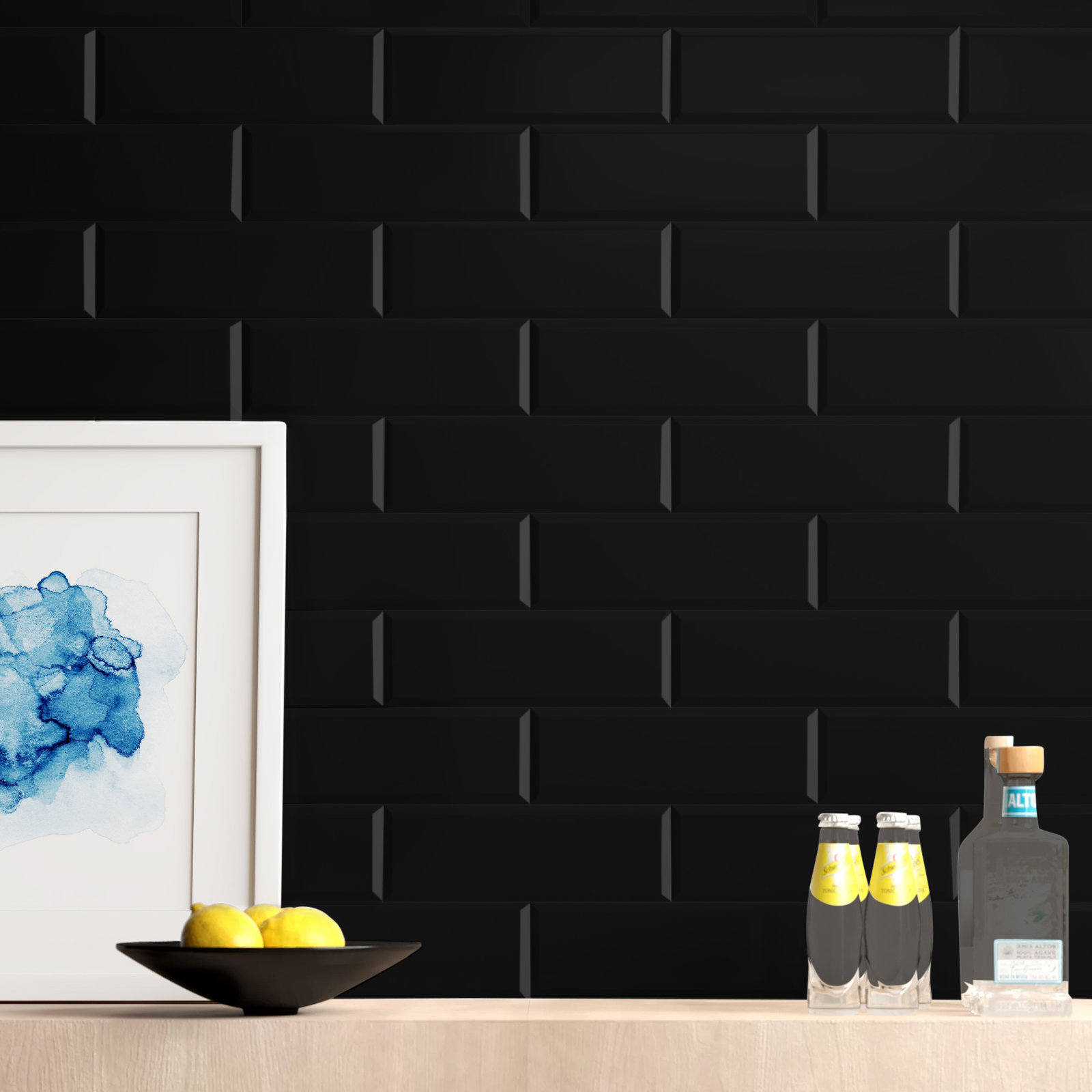 Santorini Loft 4" x 12" Beveled Ceramic Subway Wall Tile, Loft Nero