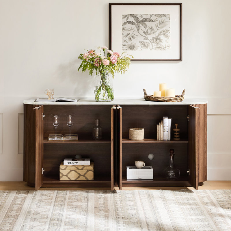 Buffet cannelé moderne 70 po avec bord incurvé et portes à fermeture en douceur, Noyer/blanc
