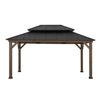 Gazebo Sunjoy extra large de 3,66 m x 4,88 m en bois de cèdre, toit rigide en acier revêtu à 2 niveaux, toit brun foncé pour patio, pelouse et jardin