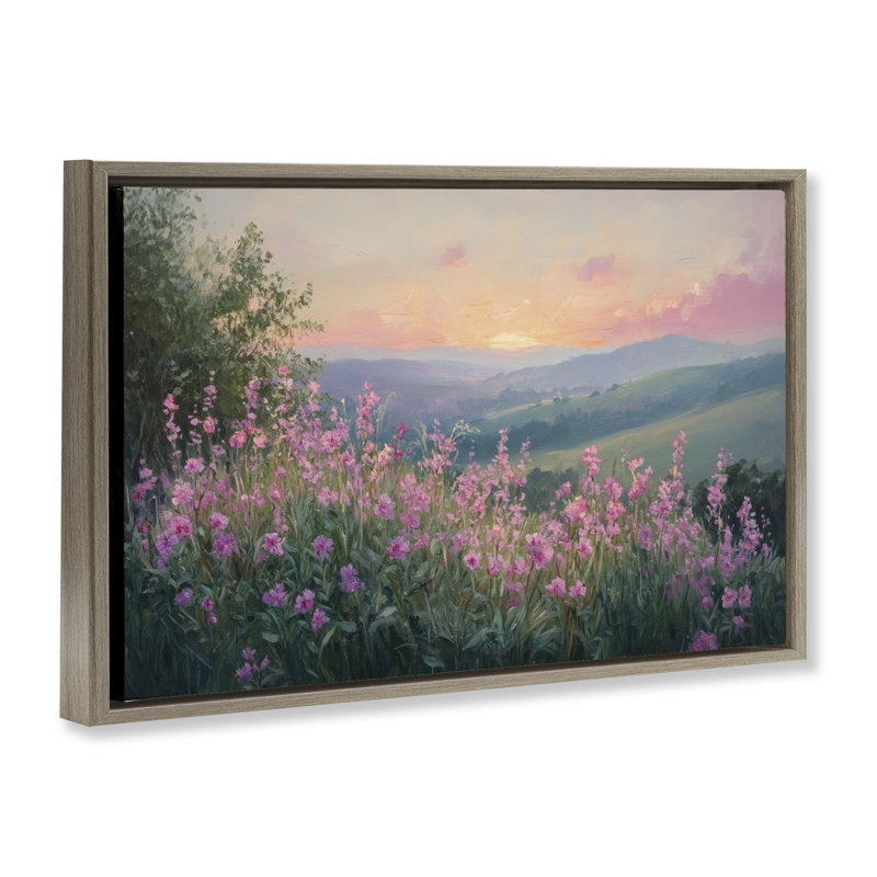Cadre flottant Twilight Meadow Pink Flowers, design par Petal Prints Design, Cadre flottant orme Montalcino