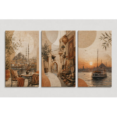 Grand ensemble de 3 impressions sur toile murales d'Istambul Boho, paysage urbain turc, mosquée, coucher de soleil, salon, chambre à coucher, impression sur toile 16 x 24 pouces - prête à être accrochée