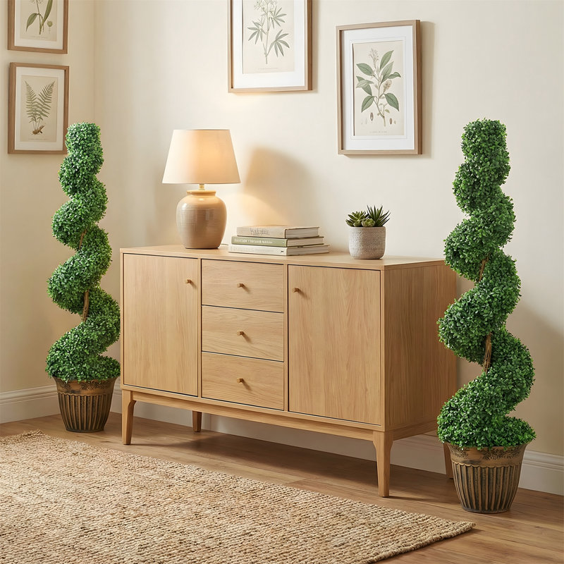 Faux Boxwood Tree Plant in Cement Freestanding  Planter, 120cm H x 30cm W x 30cm D