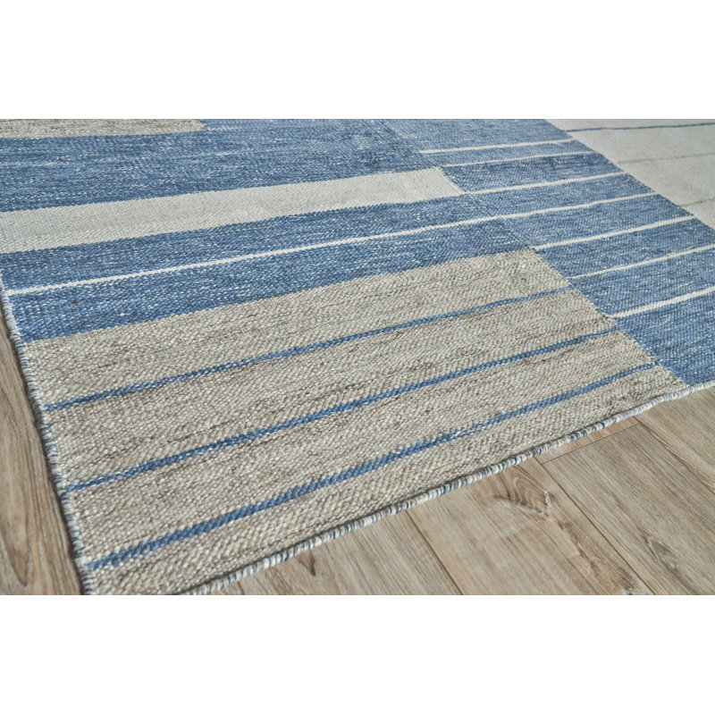 Scandinavian Hand Loomed Geometric Area Rug in Blue/Ivory, Rectangle 3' x 5'