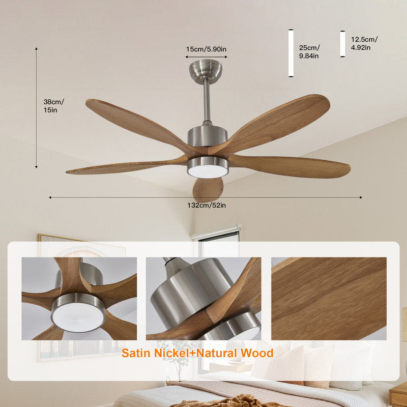  52 Inch Ceiling Fans With Lights And Remote Control, Reversible, 5 Wood Blades, 6 Speeds, 3CCT Dimmable, Noiseless,Modern Ceiling Fan For Bedroom Living Room Gazebo Patio,Stain Nickel