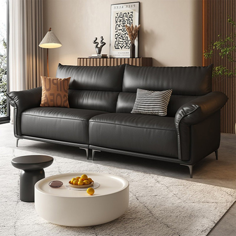 Causeuse-coussin modulable noire en cuir véritable, 37.4" H x 86.61" W x 39.37" D, Noir