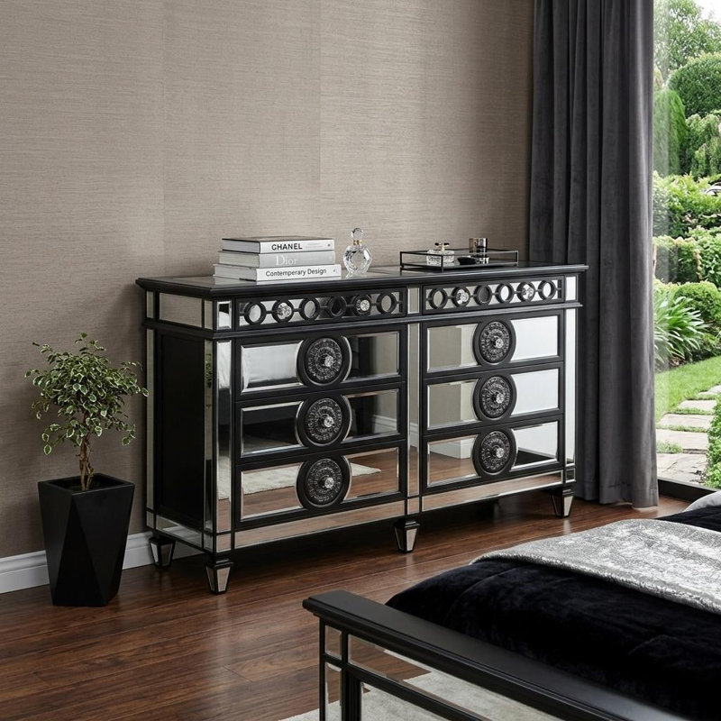 Commode moderne 68 pouces Fawne, 8 tiroirs, boutons en cristal, bois, noir, blanc