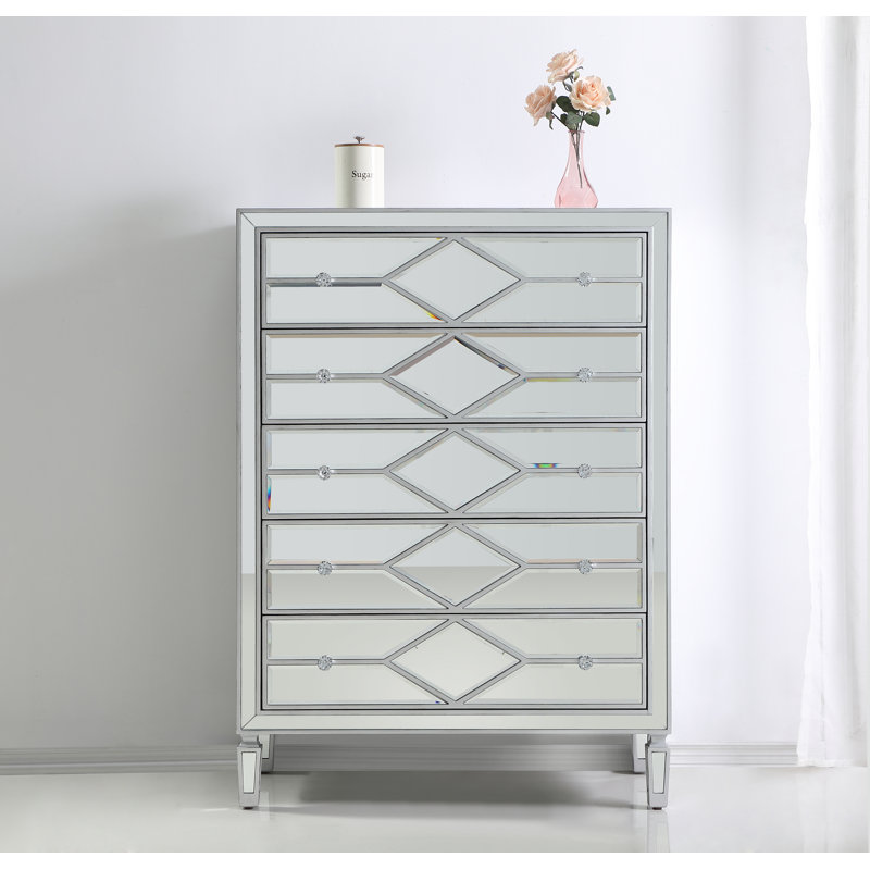 Bashaw 36" W 5-Drawer Mirrored Dresser, Silver