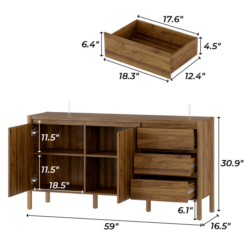 Buffet de 150 cm de large avec 2 portes, 3 tiroirs et pieds en bois d'hévéa