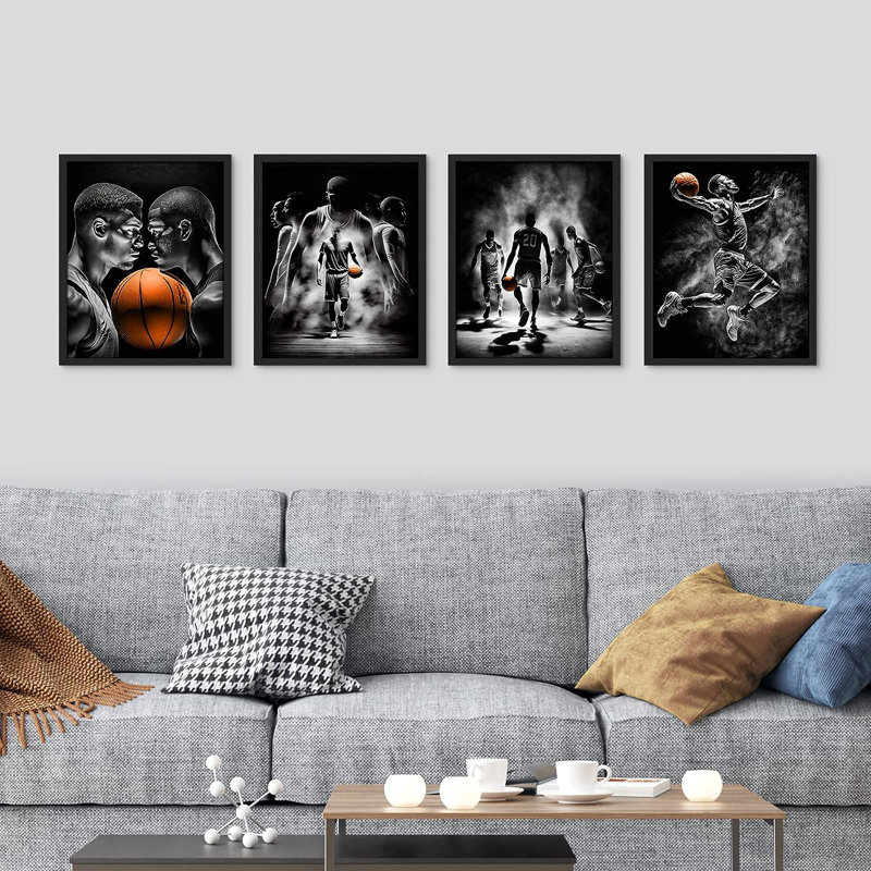 Affiches de basketball noires et blanches, impression 4 pièces, H 16 po x l 12 po x P 1 po, Cadre blanc