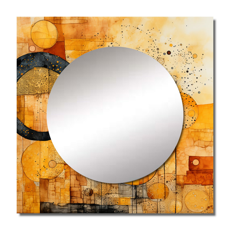 «Escape To Serenity», aquarelle dorée rétro - grand miroir carré géométrique moderne pour décoration murale, 36 po x 36 po