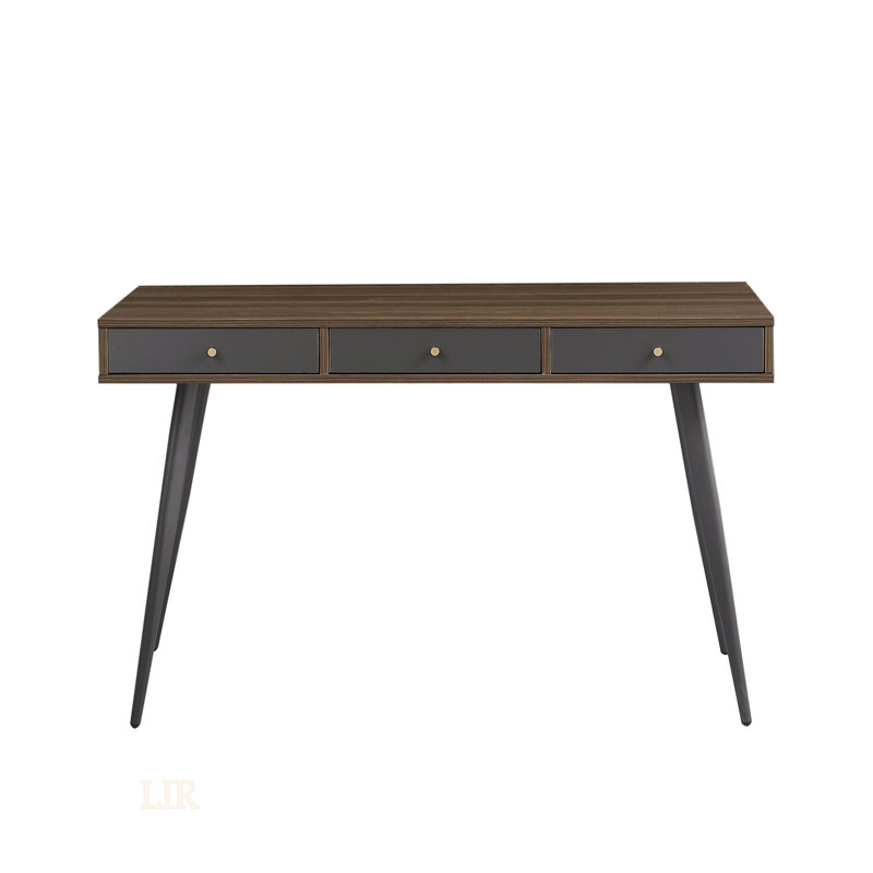Bureau d'écriture Mid-Century moderne avec tiroirs, bureau d'ordinateur multifonctionnel en noyer et gris foncé