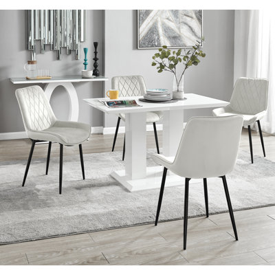 Eubanks High Gloss Double Pillar Dining Table Set with 4 Luxury Velvet Upholstered Dining Chairs