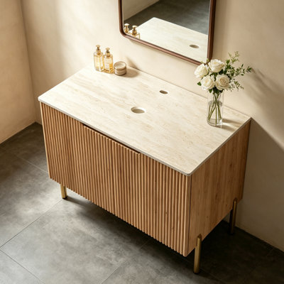 Meuble-lavabo moderne de 30 po, comptoir en pierre frittée avec armoire en contreplaqué brun, évier inclus