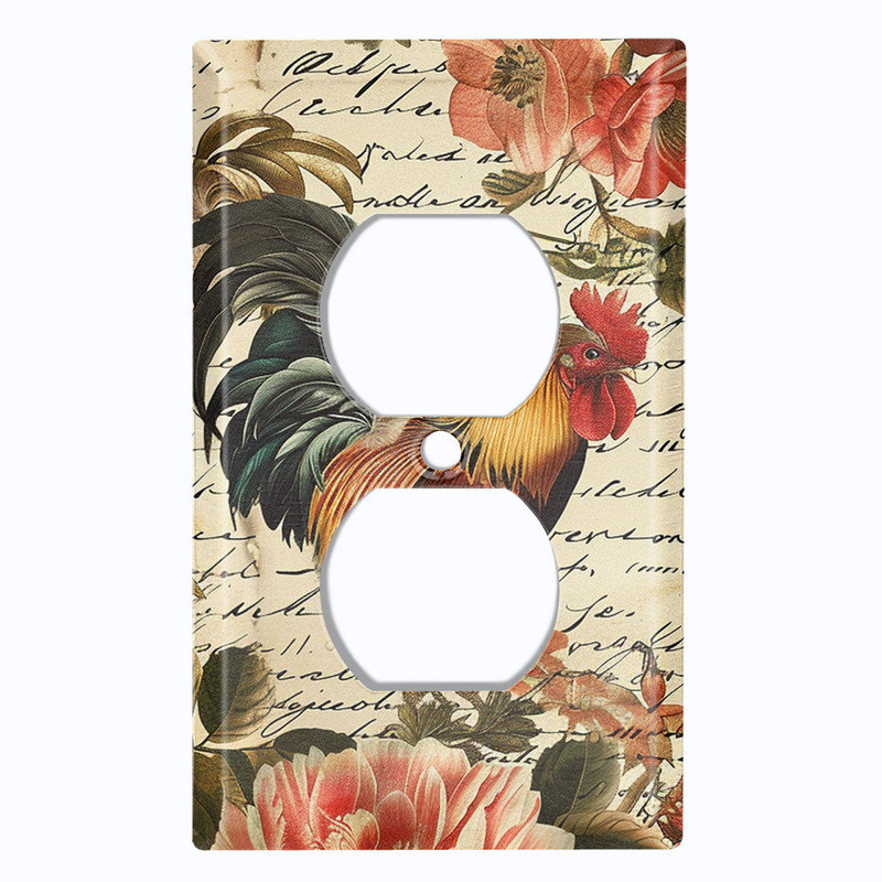 Couvercle de plaque d'interrupteur en métal; Coq floral US 1 taille standard US - 1 coq, Prise double # 8
