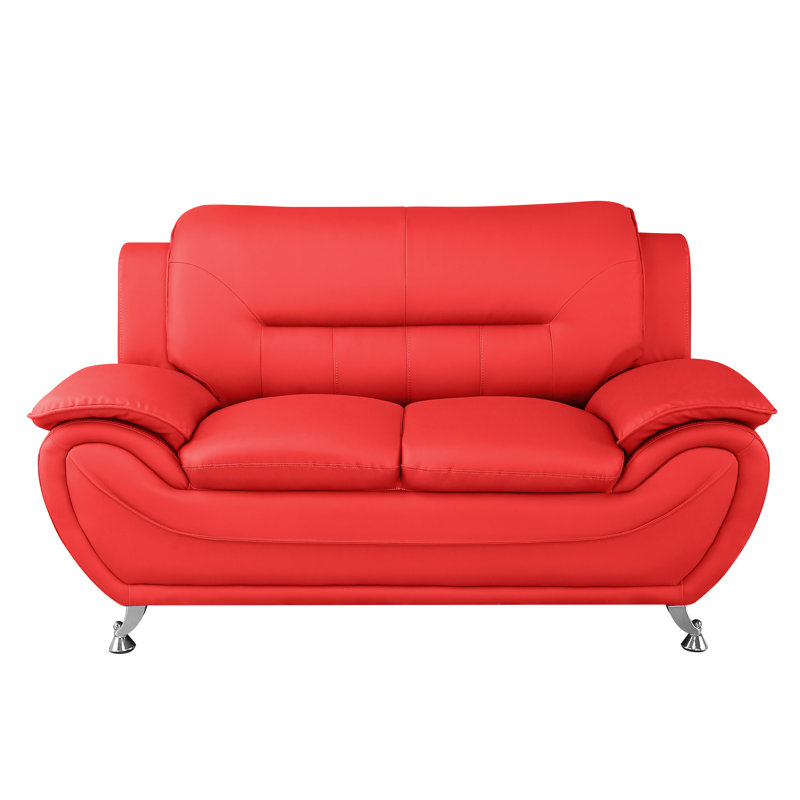 Segura Faux Leather Pillow top Arm Loveseat, Red Faux Leather, 35”H x 61.3”W x 34”D