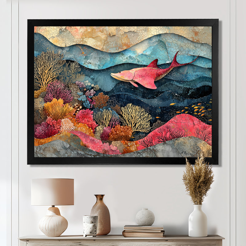 Aurel, Stingray abstrait dans un aquarium, collages colorés III - Stingray, art mural, H 16 po x l 32 po, Cadre flottant