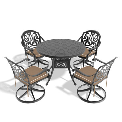 L'ensemble de salle à manger en aluminium coulé Allweather comprend des chaises pivotantes et une table ronde de 39,37 po avec un cadre noir