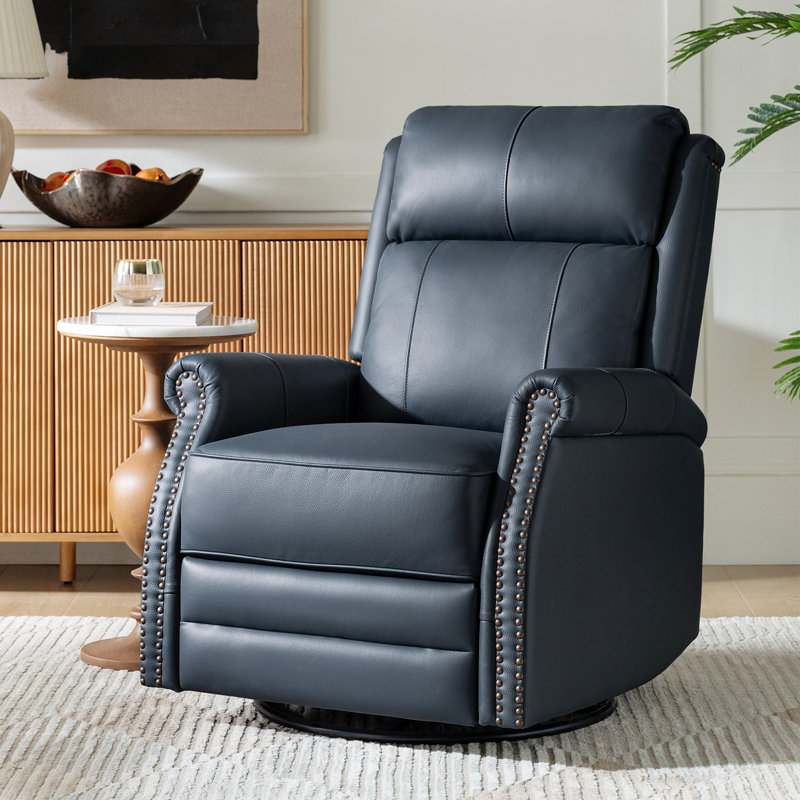 Fauteuil inclinable et oscillant pivotant en cuir fleur l 30,5 po Anouschka, Cuir véritable bleu marine