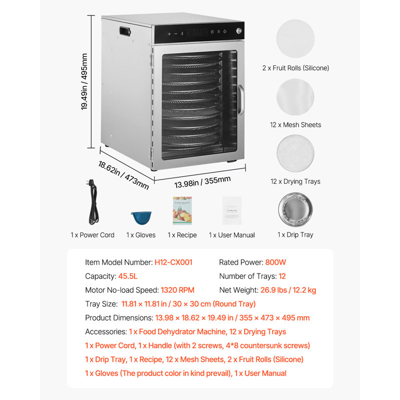 Séchoir à fruits en acier inoxydable 800W