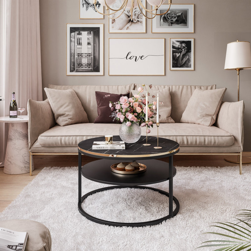 Dorinne Frame Coffee Table with Storage, Grigia Pietra Black, Black