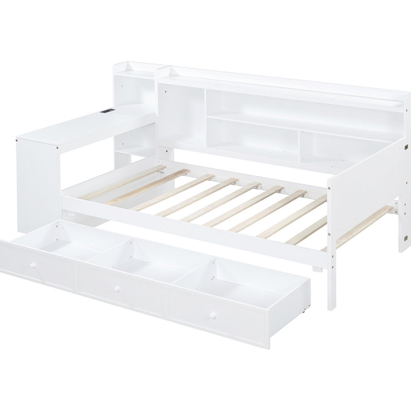 Lit de jour simple avec 3 tiroirs, bureau et ports en blanc - Bois élégant et tiroirs en pin pour une bonne nuit de sommeil