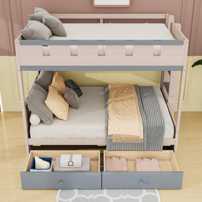 2 Drawers Bunk Bed with LED Lighting, Built-In Shelves and Guardrails