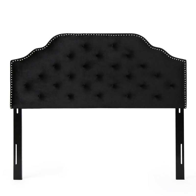 Contemporary Queen & Full Sized Headboard - Upholstered In Black Velvet With Button Stitch And Nailhead Accents, Assembly Needed Elegant Upholstery Diamond Pattern Exquisite Required
