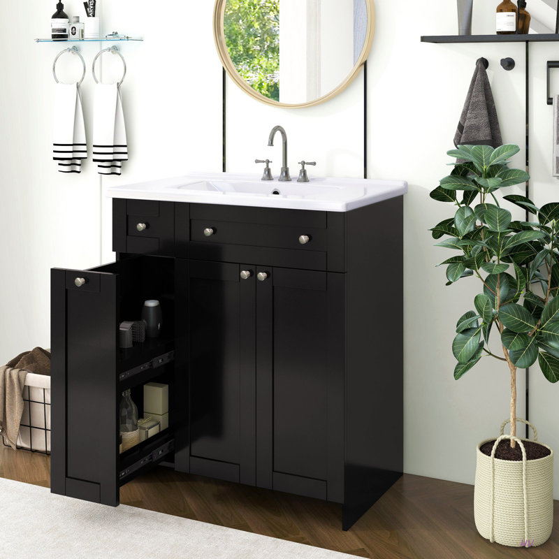 Meuble-lavabo de 30 pouces avec lavabo en céramique, armoire de rangement abondante - 2 portes à fermeture en douceur et tiroir profond à deux niveaux