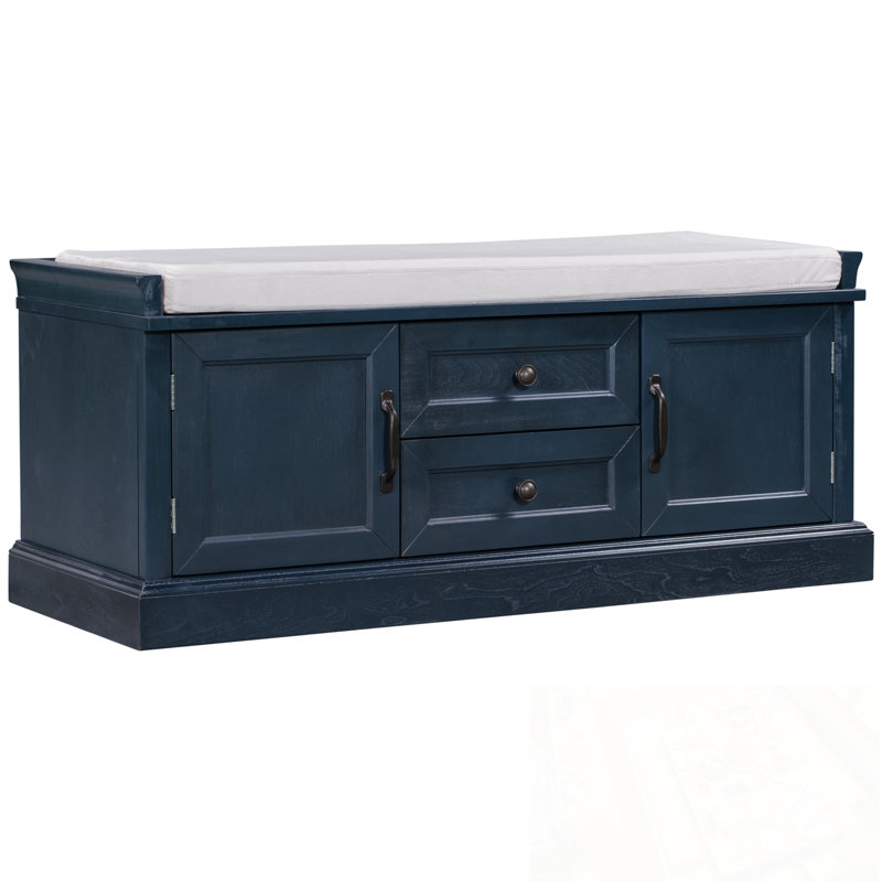 Banc de rangement avec 2 tiroirs et 2 armoires, Bleu marine antique